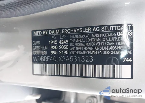 2003 Mercedes-Benz C 230 Kompressor Sport z USA, uszkodzony, nr VIN WDBRF40JX3A531323